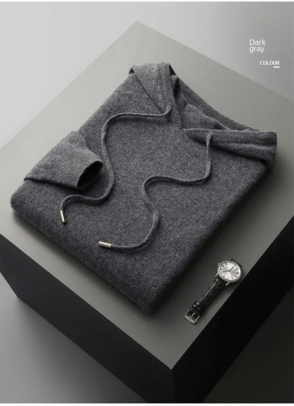 Autumn Winter New Merino Sweater Men's 100% Wool Hooded Collar Knitted Pullover Casual long Sleeved Hoodie
