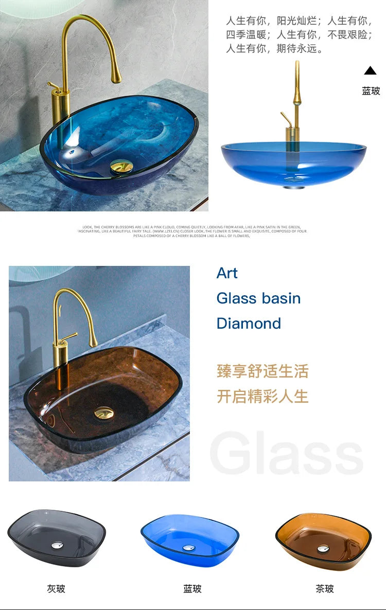 Farbiges, transparentes Badezimmerwaschbecken aus gehärtetem Glas, Hotel, modernes Aufsatzwaschbecken, Waschbecken mit Wasserfall-Wasserhahn, 49 x 35 x 13 cm
