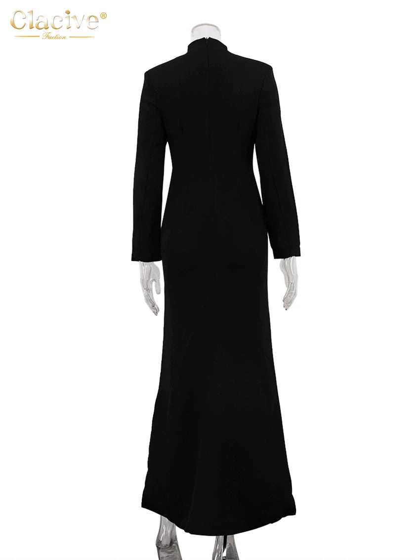 Clacive Sexy schlankes weißes Damenkleid 2025, modisches V-Ausschnitt, lange Ärmel, knöchellanges Kleid, elegantes, klassisches, geschlitztes Damenkleid.