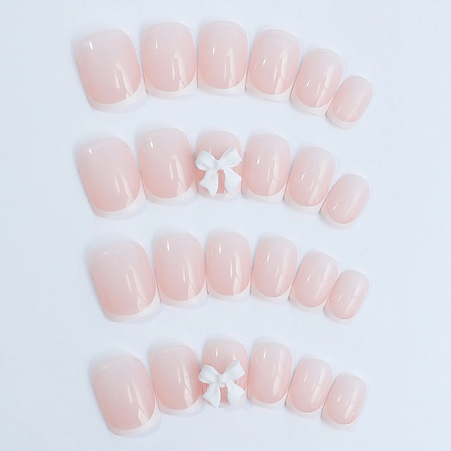 White French Press on Nails 3D Bowknot Fake Nails Tips Full Cover Wearable False Nails for Women and Girls DIY Manicure 24Pcs.