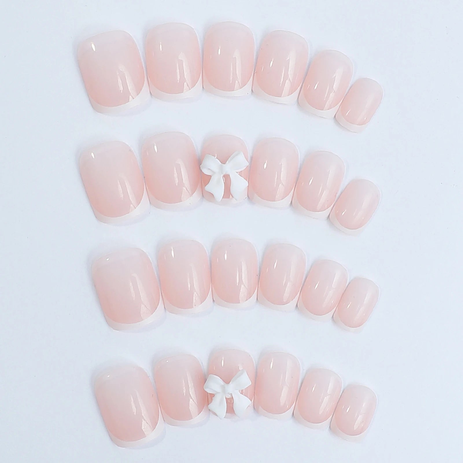 White French Press on Nails 3D Bowknot Fake Nails Tips Full Cover Wearable False Nails for Women and Girls DIY Manicure 24Pcs.