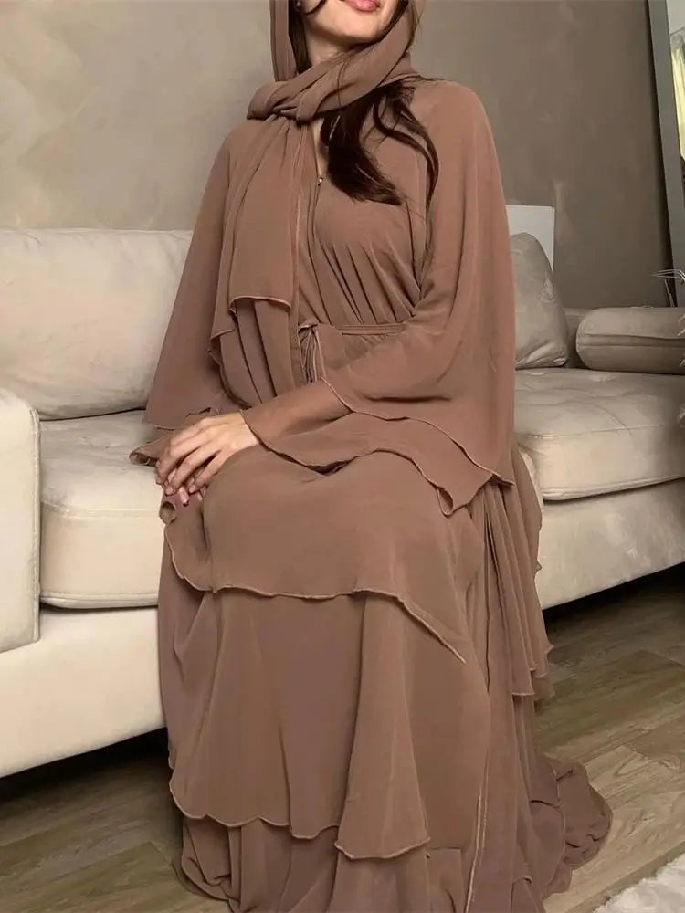 Summer Modest Kaftan Hijab Dresses For Women Kids Open Chiffon Khimar Kimono Abaya Dubai Luxury Muslim Sets Islam Kebaya Damen