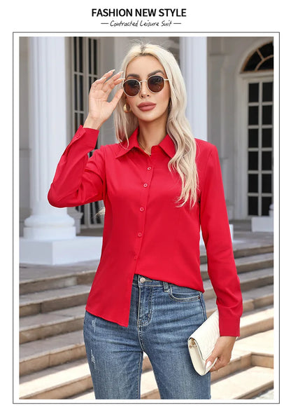 1pcs Woman Spring Autumn Solid color Shirts Lady Casual Long Sleeve Turn-down Collar Loose Shirt Female Fashion Temperament Tops.