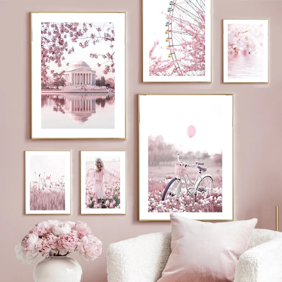 Pink Cherry Blossom Tulip Bicycle Flower Nordic Posters Ferris Wheel Wall Art Print Canvas Painting Living Room Home Decoration.
