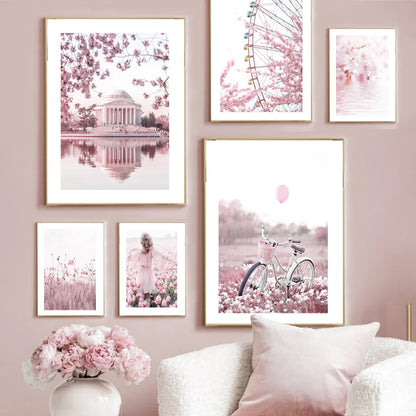 Pink Cherry Blossom Tulip Bicycle Flower Nordic Posters Ferris Wheel Wall Art Print Canvas Painting Living Room Home Decoration.