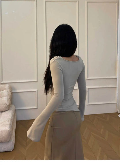 New Spicy Girl One Shoulder Trumpet Long Sleeve T-shirt Female Autumn Slim Sweet Fashion Korean Women Tees Sweet 2025 New 91NV.