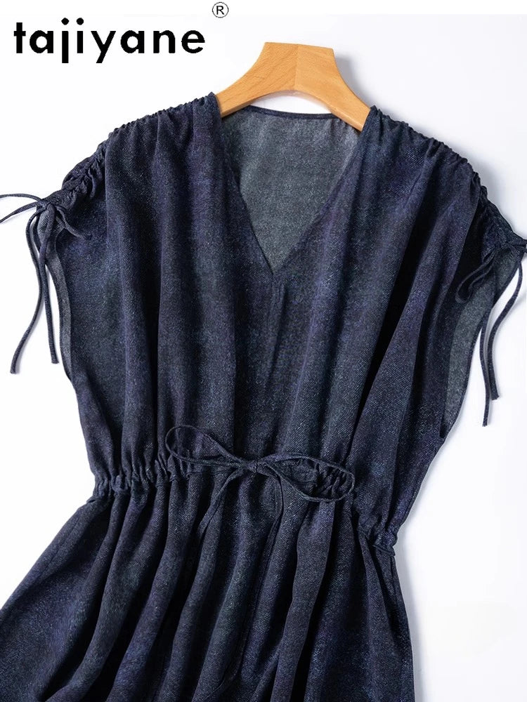 TAJIYANE 100% Maulbeerseide Kleid Frau Sommer 2025 Elegante Lange Kleider Denim Gedruckt Party Kleider Damen Kleidung Vestidos.