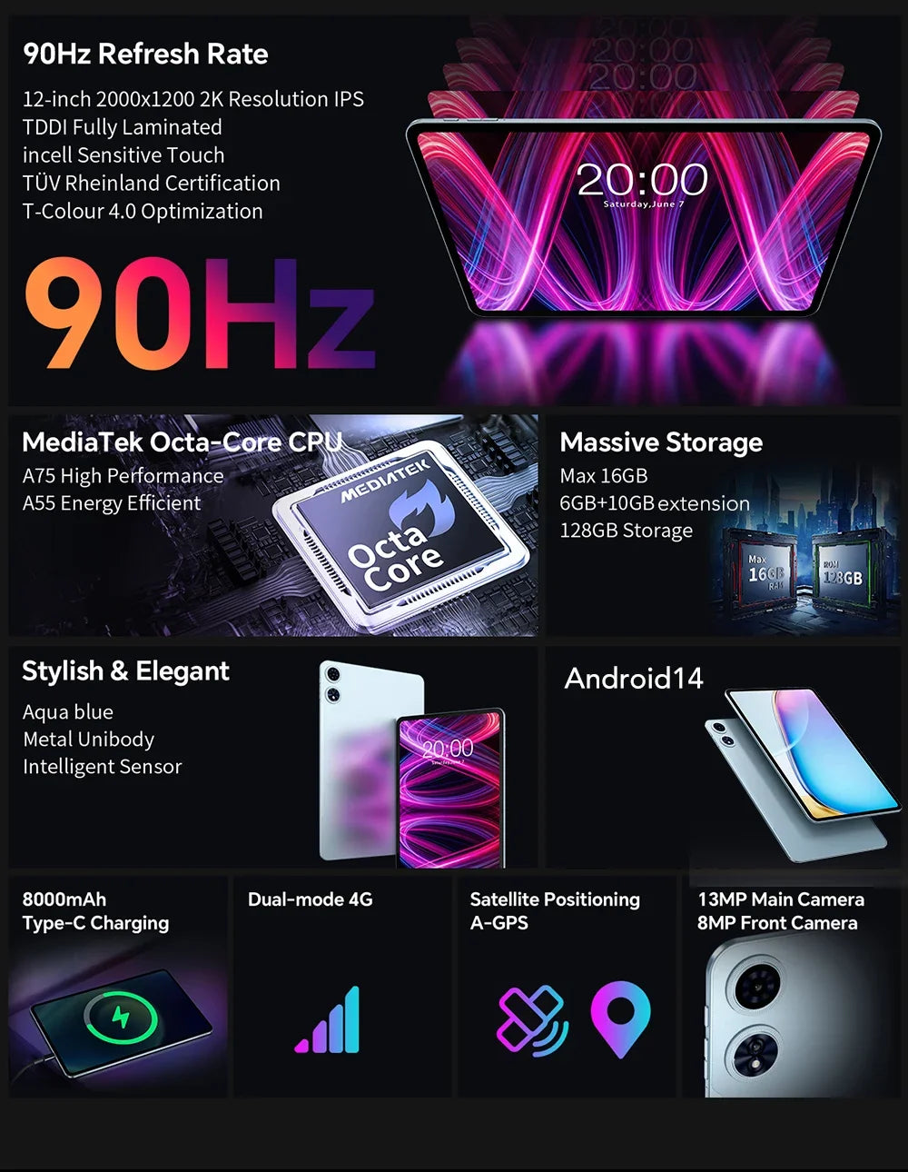 Teclast T60 Plus Tablet 12 inch MTK Helio G88 8-core CPU 6GB RAM 128GB ROM Android 14 Dual-band WiFi BT5.0 8000mAh 13MP+8MP.