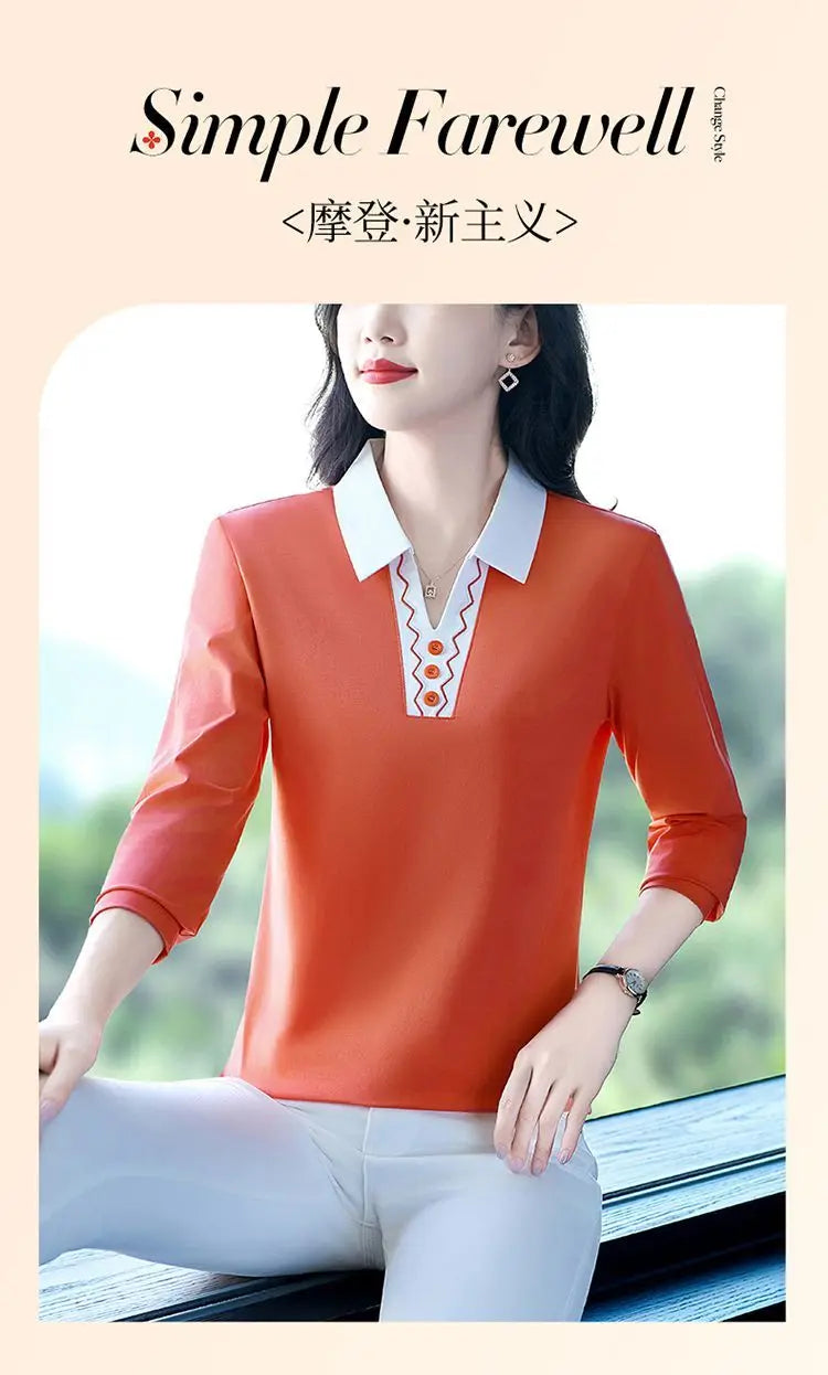 2025 Autumn New Women Clothes Office Lady Simplicity Patchwork Polo-Neck Top Tee Ladies Fashion Loose Buttons Long Sleeve Shirts.