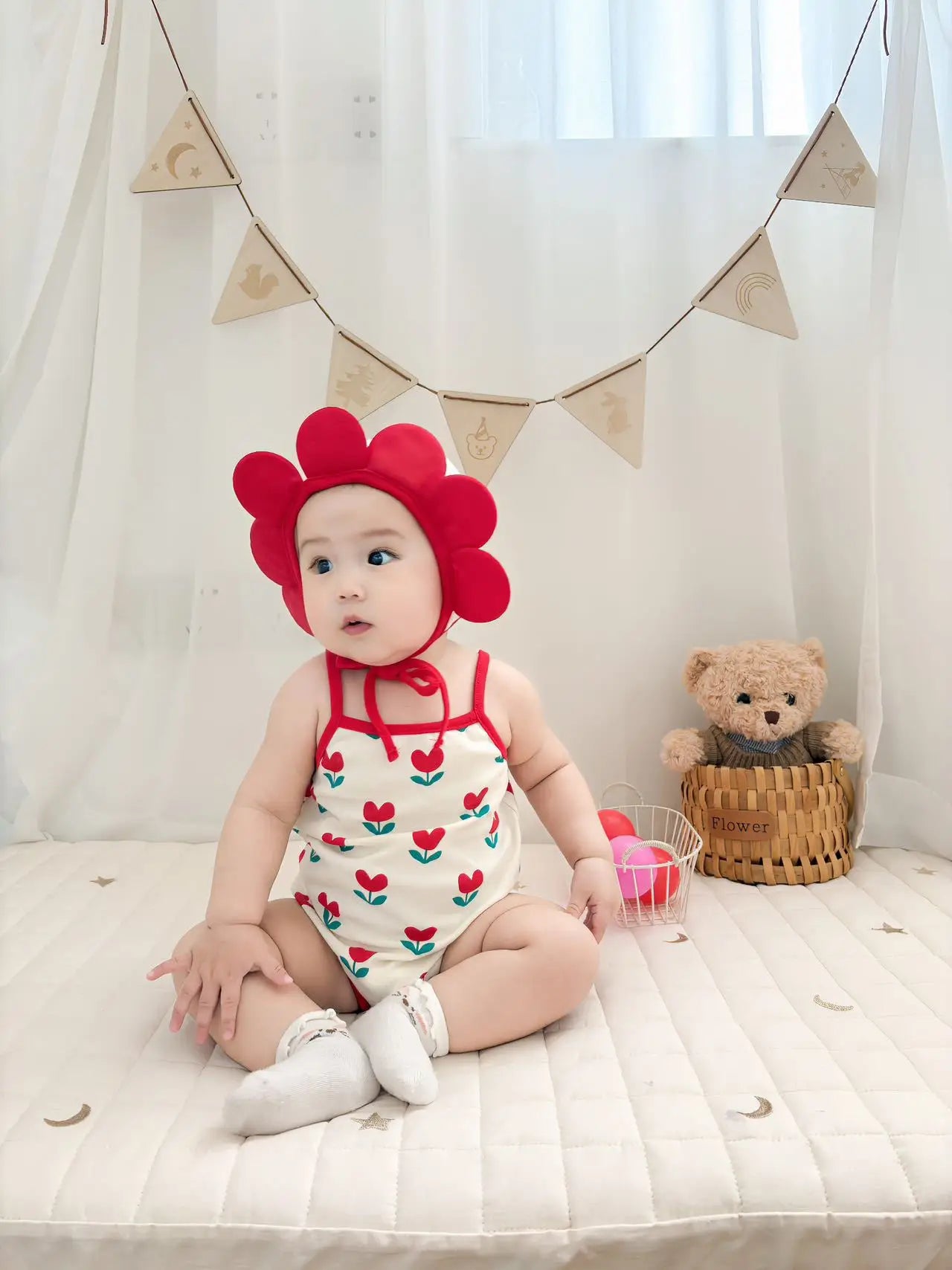 Baby Ein Stück Kleidung 2025, Sommer Koreanische Baby Body Ins Blume Voll Gedruckt Baby Sling Klettern Kleidung Mit Hut.