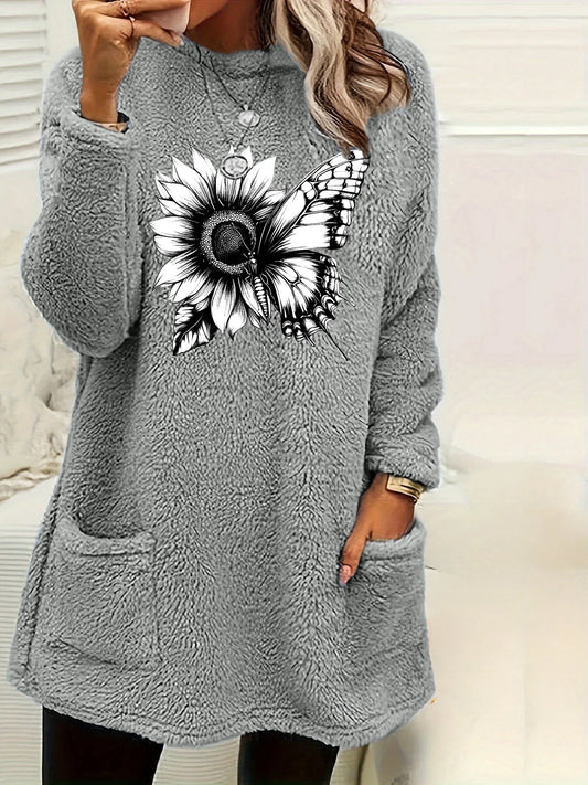 Plus Size Damen-Fleece-Sweatshirt, Sonnenblumen-Schmetterling, bedruckt, Rundhalsausschnitt, weicher, warmer Pullover, lässiger Winter-Langarmpullover.