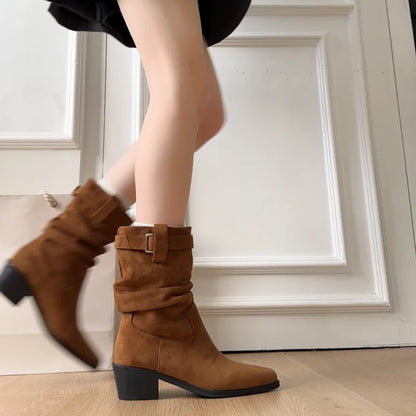 Autumn Winter Suede Pointed Toe Women Ankle Boots Fashion Slip On Thick Heel Shoes Ladies Elegant Slim Short Booties