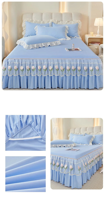 Floral Style Bed Skirt Embroidered Bed Cover Single/Queen/King Size Bed Linen Home Sheet with Skirt 침대스커트(Pillowcase Need Order).