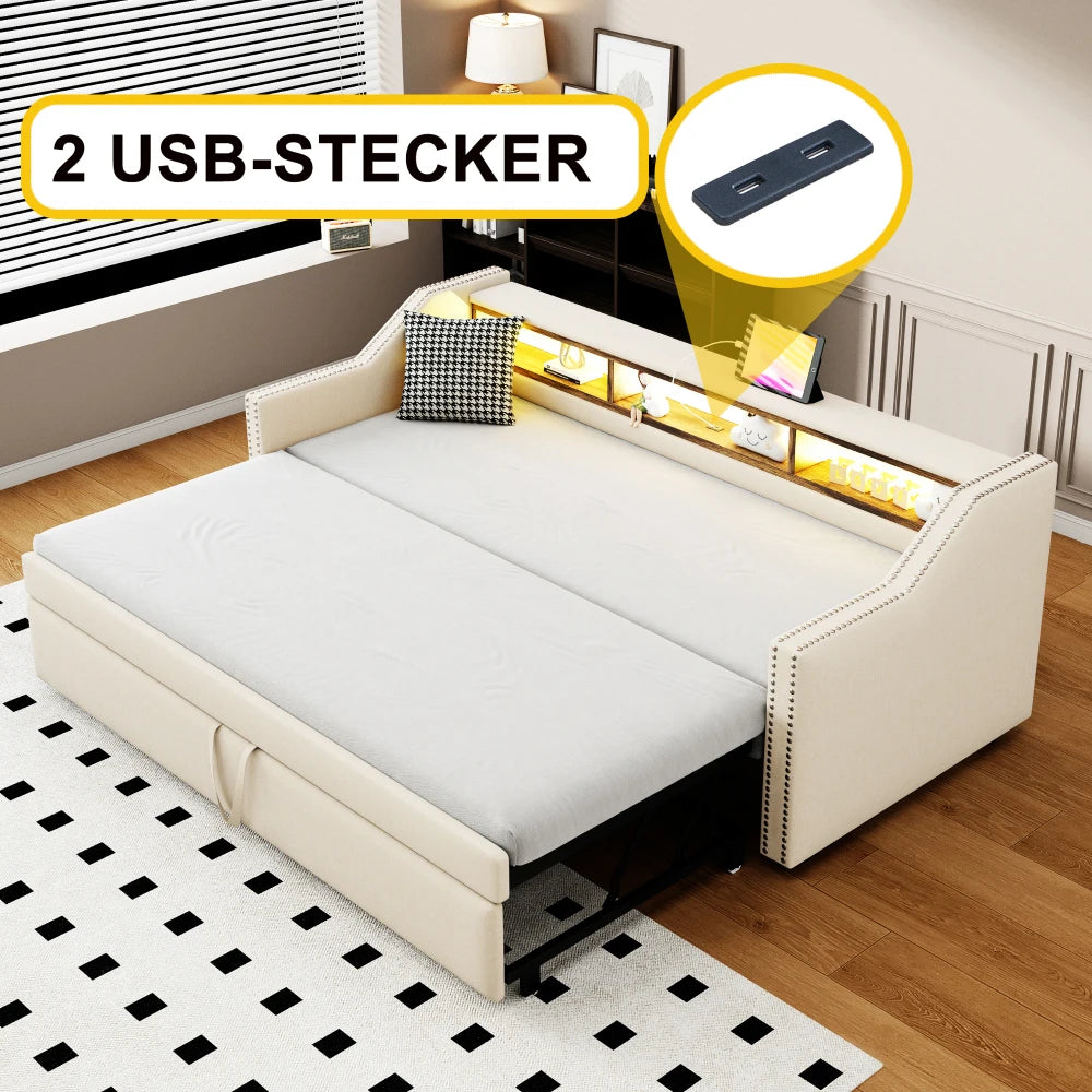 Ausziehbares Schlafsofa 90/180 x 190 cm, multifunktionales Aufbewahrungsfach, LED-Licht und USB-Buchse, mit Gitter, Dunkelgrau