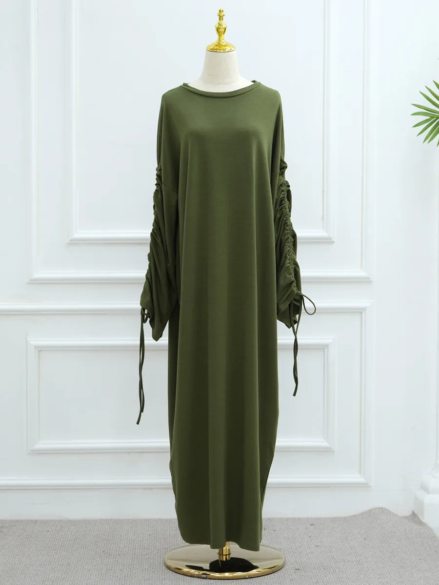 Muslim Women Arabic Dubai Abaya Drawstring sleeves Long Dress Modest Ramadan Kaftan Robe Femme musulmane Islam Clothing Kebaya.