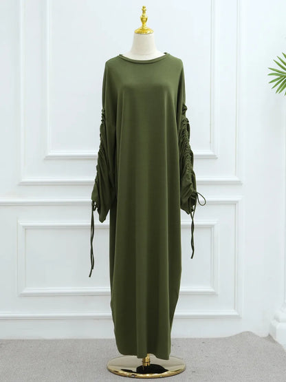 Muslim Women Arabic Dubai Abaya Drawstring sleeves Long Dress Modest Ramadan Kaftan Robe Femme musulmane Islam Clothing Kebaya.