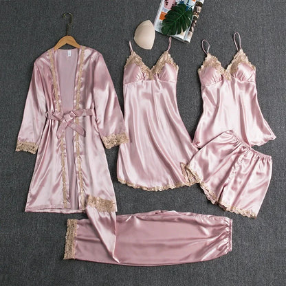 5-teiliges Set Damen-Nachtwäsche, sexy Seiden-Nachthemd, Spitzen-Satin-Nachthemd, Weste mit V-Ausschnitt, atmungsaktiv, bequemes Damen-Nachthemd