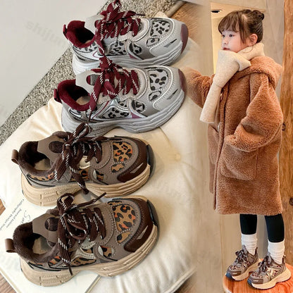 Children's Sneakers Autumn Winter Boys Sport Shoes Girls Plush Warm Casual Cotton Shoes Studnet Leopard Print Anti Slip Sneakers.