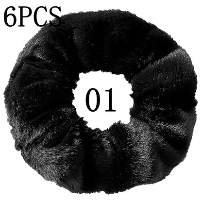 6pc Hair Scrunchies Furry Elastic Band Women Girl Ponytail Holder Rubber Ties Accessories Plush Faux Fur Soft Chiffon Headband
