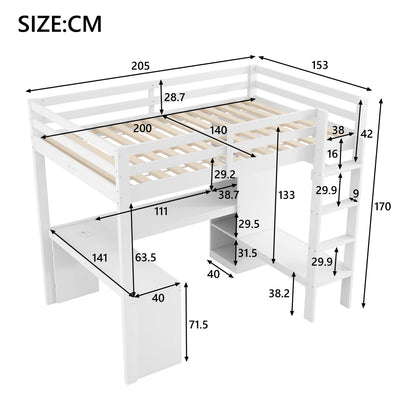 Modernes Kinder-Hochbett 140 x 200 mit Multifunktionsregalen, Unterbett-Schreibtisch, LED-Licht und USB, Kleiderschrank mit Stauraum, für Schlafzimmer