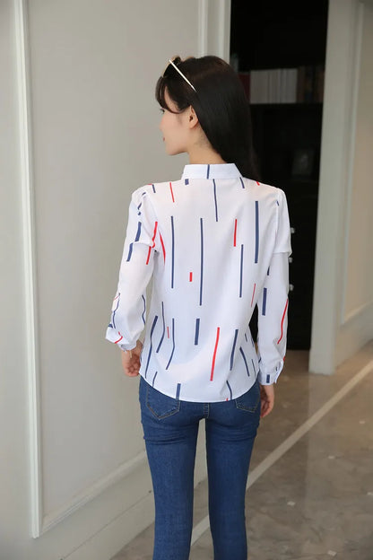 Stripe Women Blouse Fashion Standing Collar Women's Shirt Long Sleeved Shirts and Blouses Printing Ladies Tops Basic Womens Tops.
