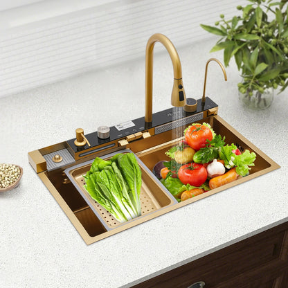 75x46x22cm,gold Digital Display Sink Pull-out Faucet Multifunctional Kitchen Sink , Adjustable Temperature with 360° Cup Washing
