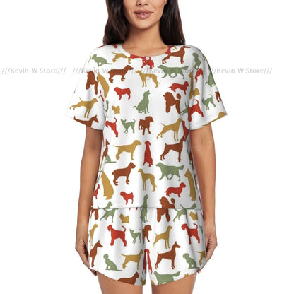 Zweiteiliges Damen-Pyjama-Set mit Rundhalsausschnitt und kurzen Ärmeln. Dog Breed, lässiges Pyjama-Set für zu Hause.