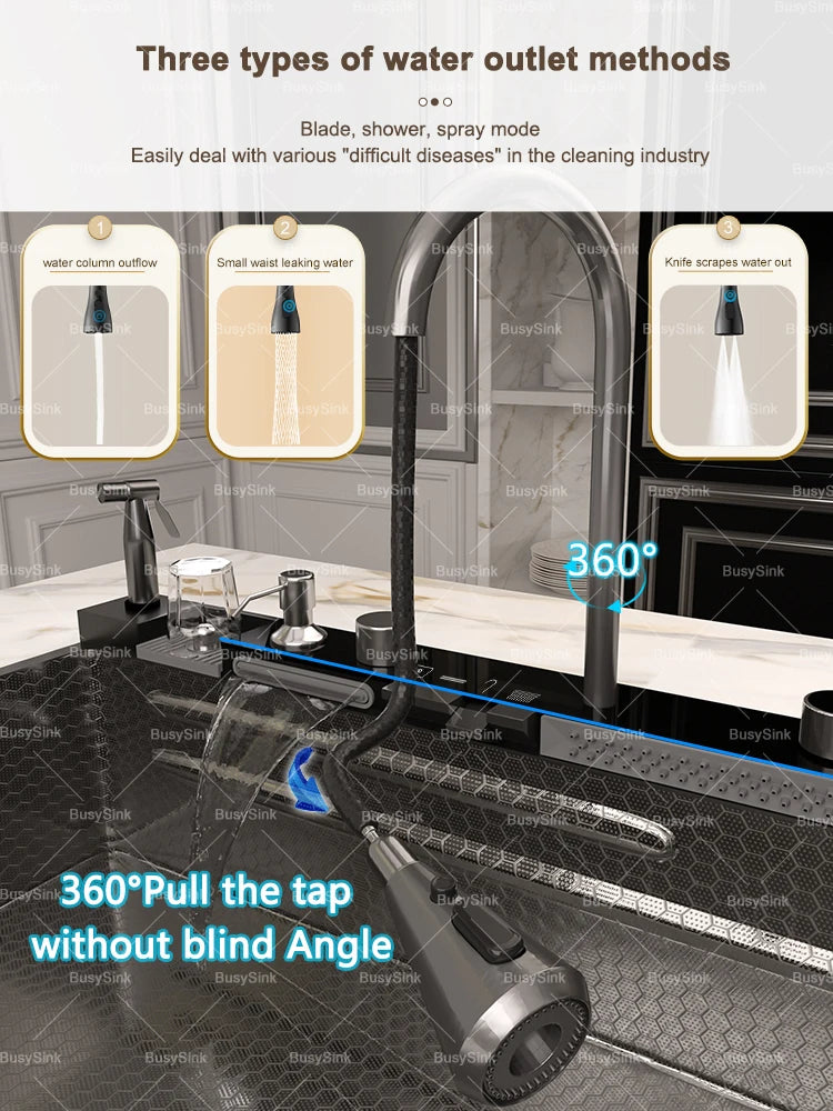 100x50cm Waterfall Kitchen Sink Stainless Steel Extra Large Single Bowl Digital Display Multifunctional Dishwashing Sinks