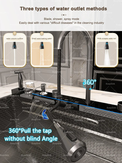 Küchenspüle aus Edelstahl mit Wasserfall, extra große Einzelschüssel, Digitalanzeige, multifunktionale Geschirrspülbecken