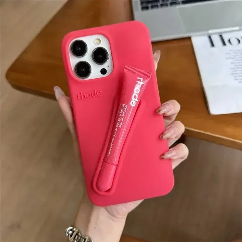 9 Colour Lipstick Holder Silicone Case for iPhone 16E 16 15 14 13 12 11 Pro Max Plus Lip Gloss Portable Stand Cover Funda.
