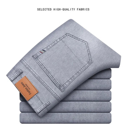 Summer Thin Men's Elastic Cotton Jeans Fashion Gray Comfortable Business Straight Casual Pants Brand Male Clothes Trousers.