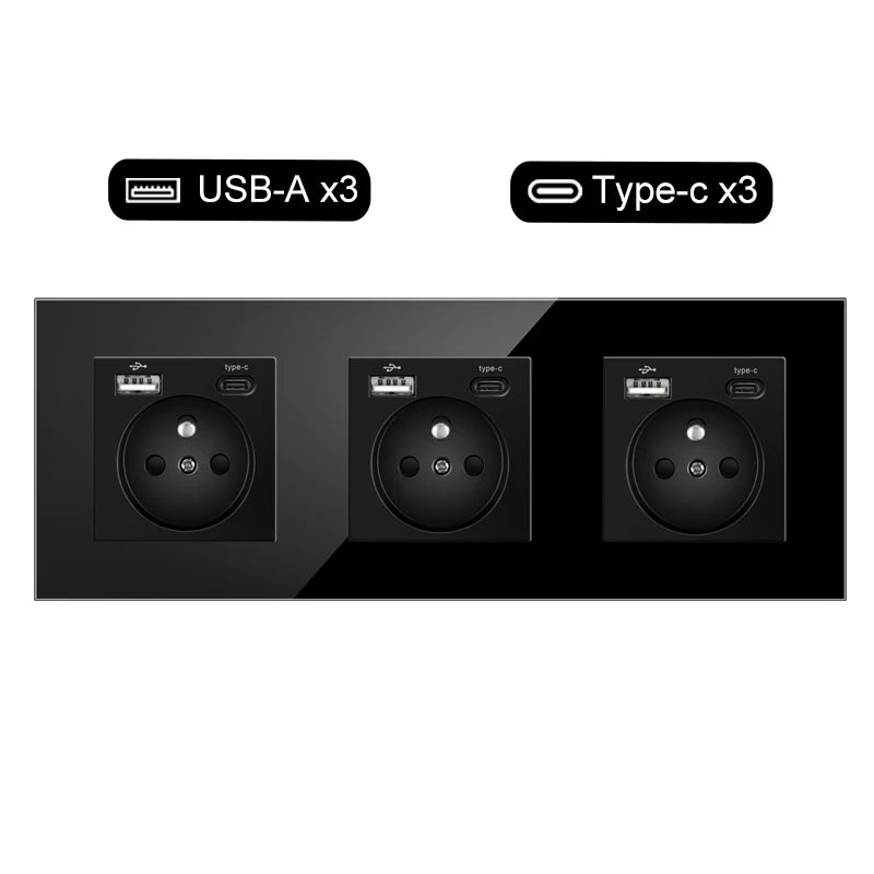 JHJCH Touch Lichtschalter Frankreich Steckdosen USB C Telefon Ladung Kristallglas 1/2/3Gang Wandschalter Doppelsteckdosen Schwarz