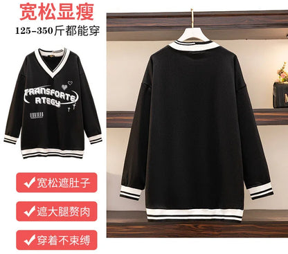 150Kg Plus Größe frauen Fehlschlag 157 Frühling Herbst Lose V-ausschnitt Langarm Drucken Sweatshirts Lässige Top Schwarz 5XL 6XL 7XL 8XL 9XL.