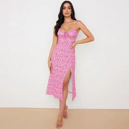 Hugcitar 2025, ärmellos, Satin, Slip, Blumenmuster, gerüscht, Bandage, Ausschnitt, Maxikleid, Frühling, Damenmode, sexy Party, Club, Robe Kpytomoa