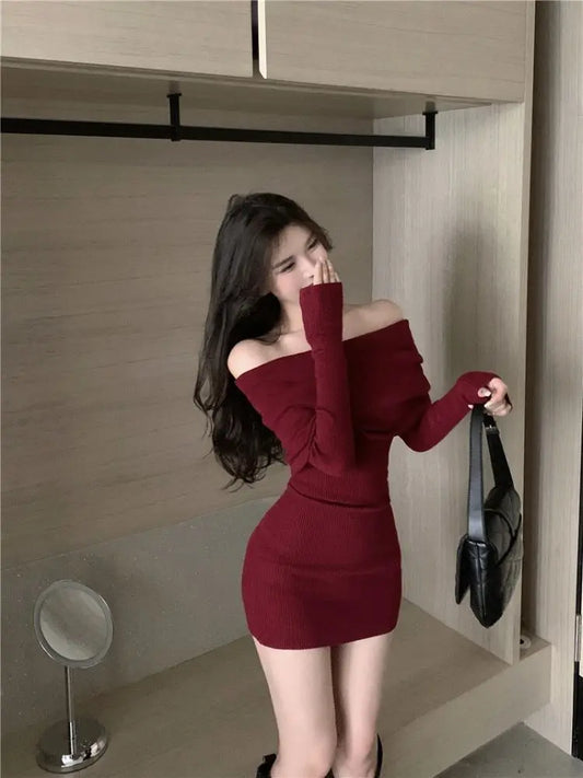 Schwarz Off Schulter Mini Kleider Elegante Langarm Mode Schlank Sexy Frauen Herbst Winter Kleidung Dünne Pullover Kleid Bodycon.