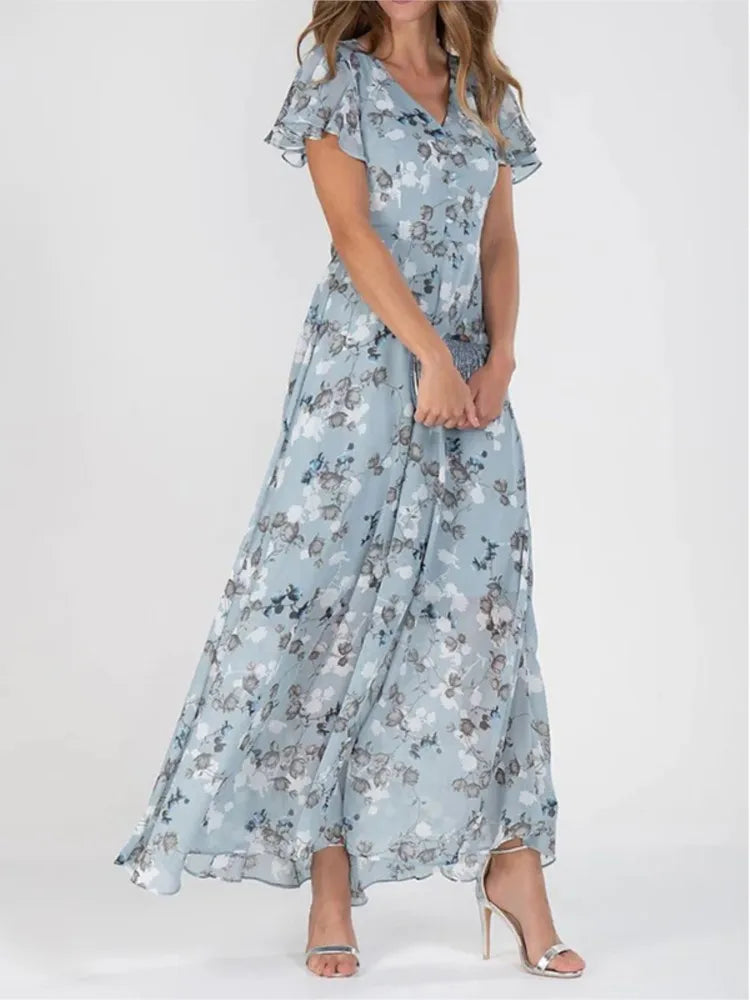 Frauen Elegante Blume Langes Kleid Casual Rüschen Kurzarm V-ausschnitt Spitze-up Party Kleider 2025, Boho Stil Hohe taille Kleid Weibliche.