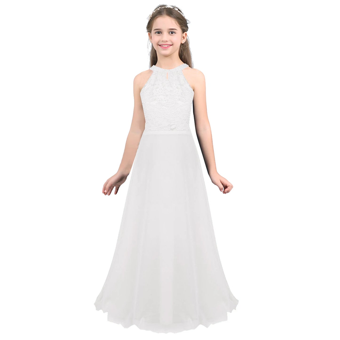 Sommer Mode Blume Mädchen Kleid Hochzeit Geburtstag Party Kinder Lange Kleid Vestido Elegante Halter Neck Floral Spitze Prinzessin Kleid
