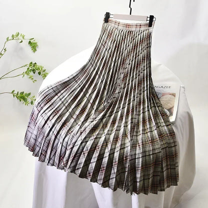 Looks Thin Pleated Skirt 2025 New High Waist A-line Skirt Mid-length Big Size Plaid Skirt Long Pleated Skirt Length 75-90cm