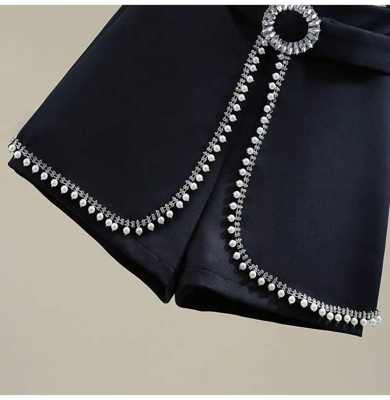 2025 Spring Summer New Simplicity Fashion Diamonds High Waist Shorts Women Clothes Fashion Patchwork Solid Color Wide Leg Pants.
