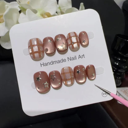 10pcs Short Oval Shaped Press-On Nails - Color Block Stripes & Star Designs Glossy Mix-and-Match False Nails for Women and Girls.