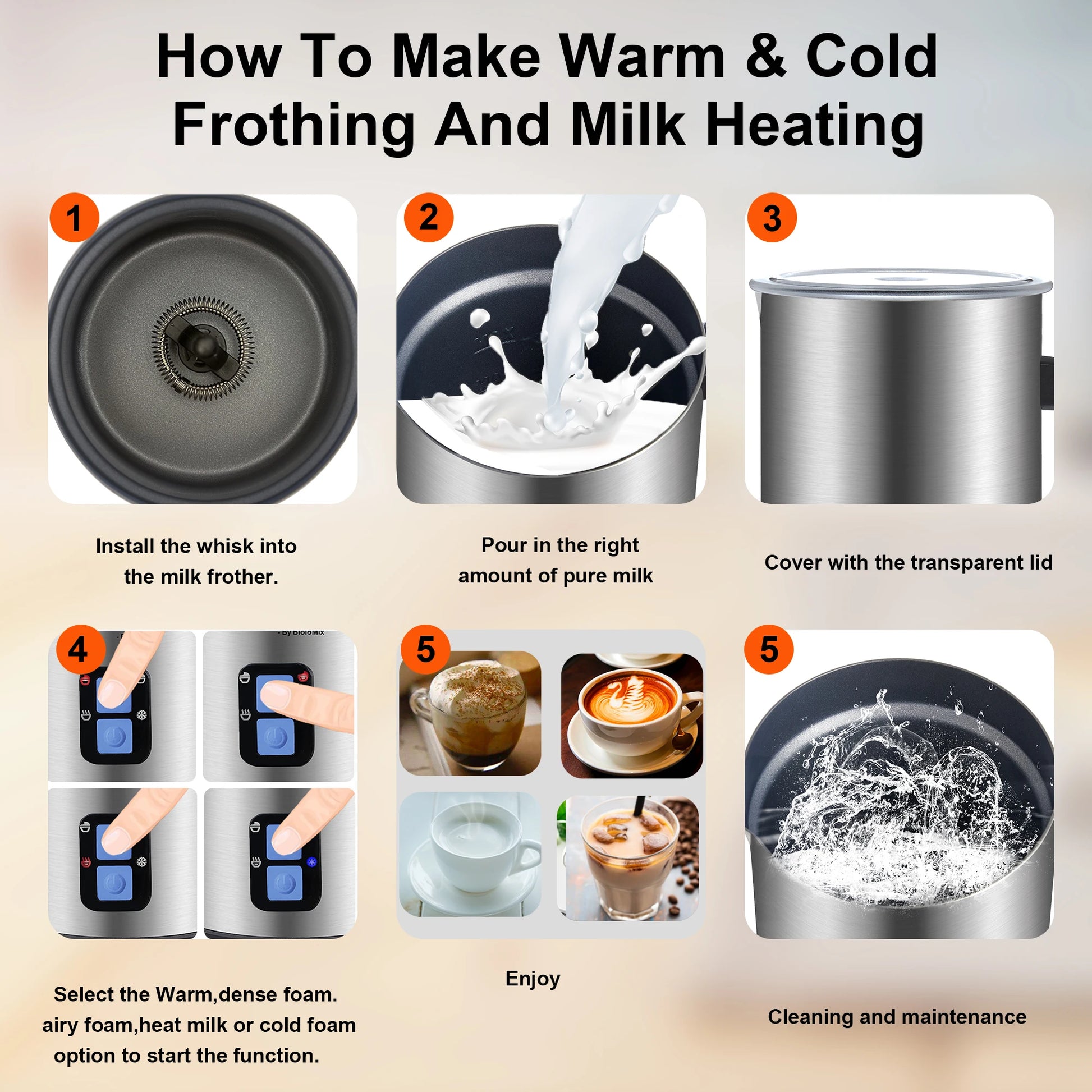 BioloMix Upgraded 4 in 1 Coffee Milk Frother Frothing Foamer Automatic Milk Warmer Cold/Hot Latte Cappuccino Chocolate.