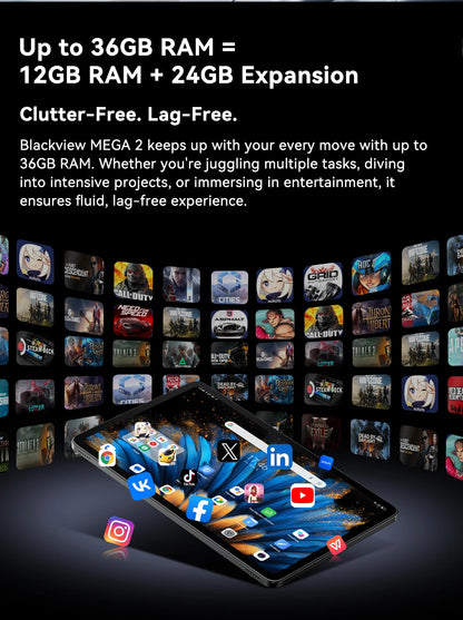Blackview MEGA 2 Android 15 Tablet 12 inch 2K Display 36(12+24)GB 256GB Unisoc T615 9000mAh Battery Widevine L1 Pad PC