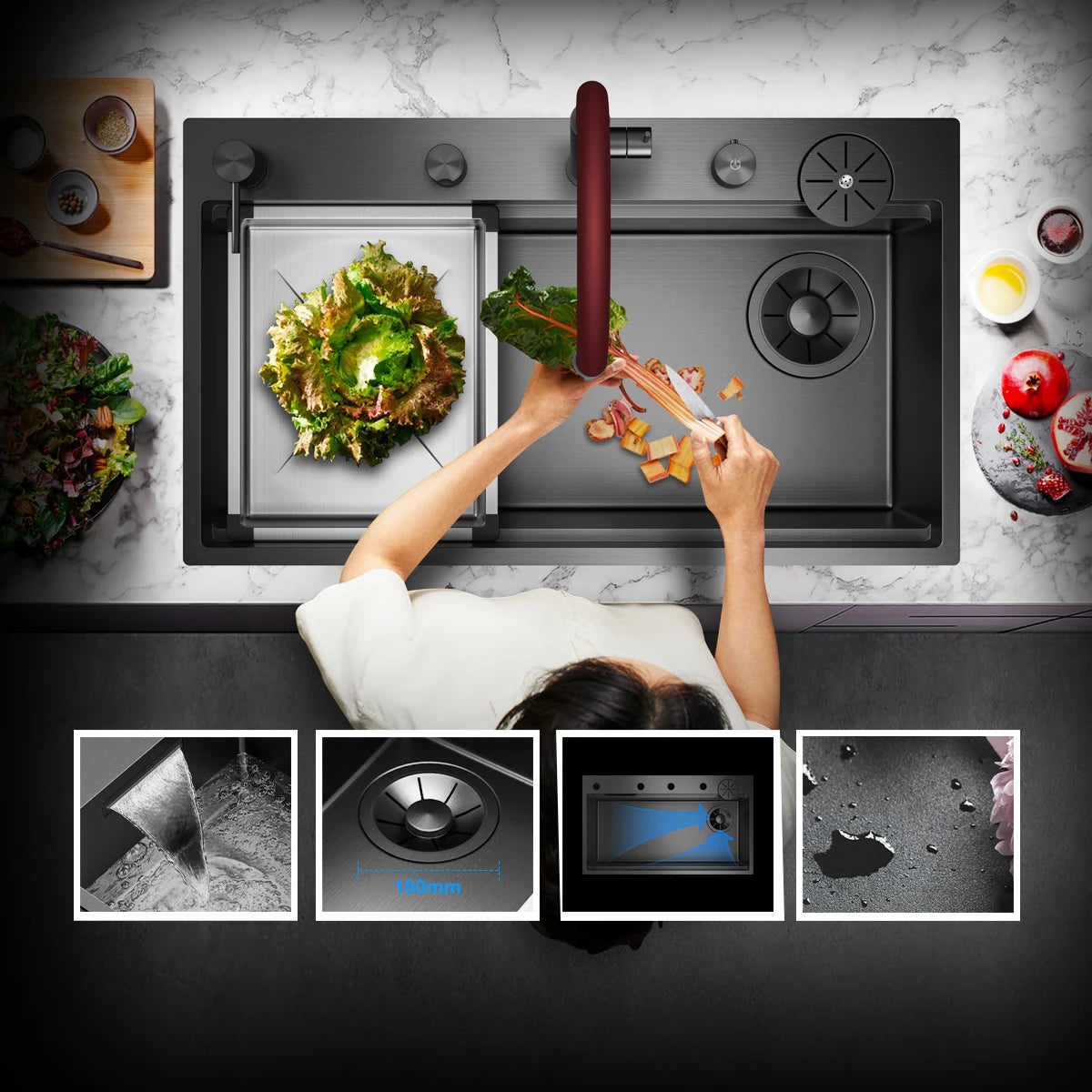 ASRAS large kitchen stainless steel nano sink with built-in waterfall faucet and large drainage outlet design