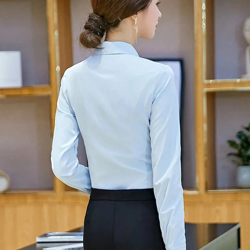 Elegant Women Shirts Woman White Shirt Long Sleeve Blouse Office Lady business Pink Shirts Button Solid Women work Blouses Tops.