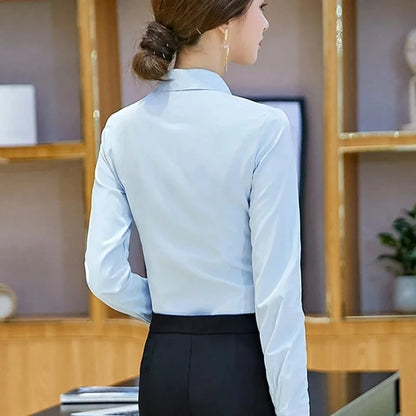Elegant Women Shirts Woman White Shirt Long Sleeve Blouse Office Lady business Pink Shirts Button Solid Women work Blouses Tops.