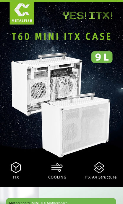 METALFISH T60 Mini ITX White Case 9L With Acrylic Or Mesh Side Panel and Portable Handle Support SFX PSU/300mm GPU/2*120mm Fan.