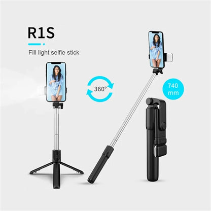 Portable Bluetooth Selfie Stick Tripod Holder with Remote Shutter Fill Light Extendable Wireless Remote Retractable Phone Stand.