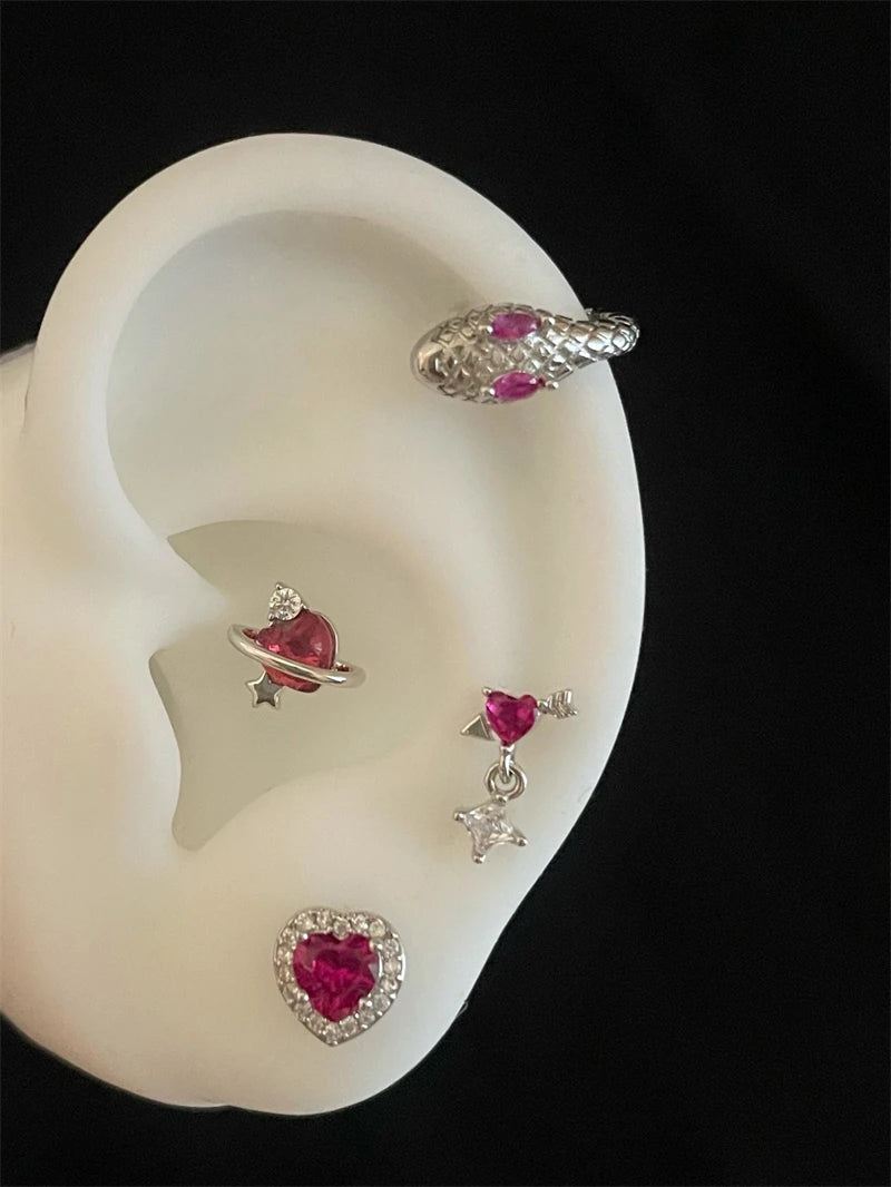 New Trendy Shiny Rose Red Color Zircon 316L Stainless Steel Ear Bone Nail Y2K Gothic Love Heart Small Earrings for Women Jewelry.