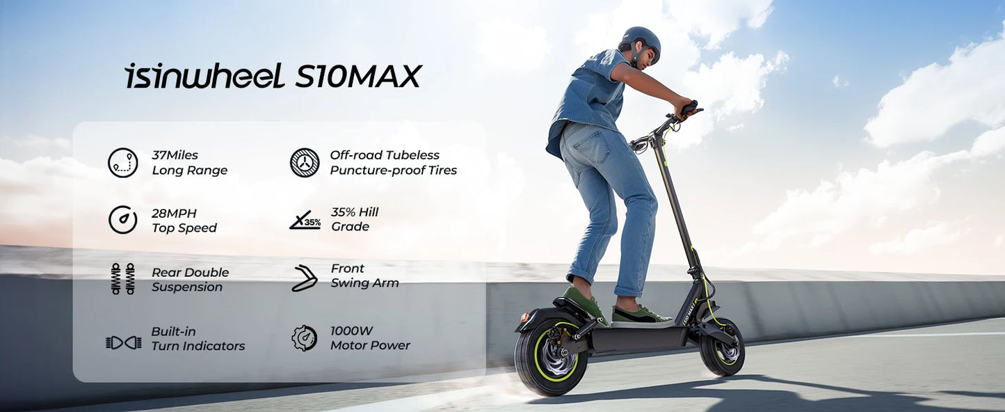 Isinwheel S10Max Foldable Adult Electric Scooter E-Scooter 45 KM/H Electric Kick Scooter 1000W Skateboards 48V 15Ah Kickboard.