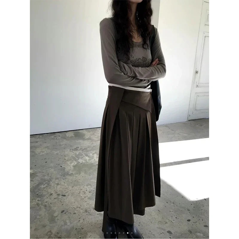 Elegant Pleated Midi Skirt Women Fashion Patchwork Asymmetrical Skirts Summer Office Ladies Korean Casual Design A Line Faldas.